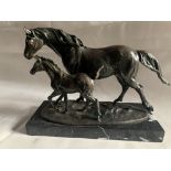 Heavy Bronze Equestrian Sculpture Signed MILO two Horses with Set upon a Polished Marble Plinth