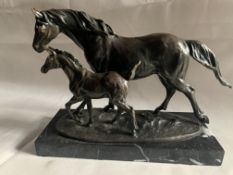 Heavy Bronze Equestrian Sculpture Signed MILO two Horses with Set upon a Polished Marble Plinth