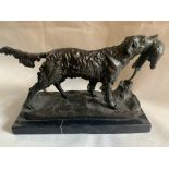 Heavy Bronze Sculpture Signed Hunting Dog with Pheasant Mounted on a Polished Marble Plinth