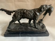 Heavy Bronze Sculpture Signed Hunting Dog with Pheasant Mounted on a Polished Marble Plinth