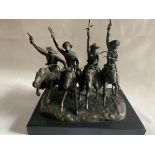 Bronze Western Sculpture Signed Cowboys & Horses with set pon a Polished Marble Plinth