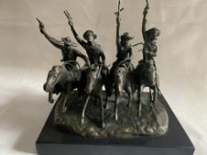 Bronze Western Sculpture Signed Cowboys & Horses with set pon a Polished Marble Plinth