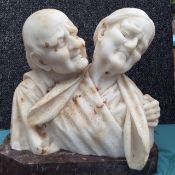 Marble Double Bust of Ma and Pa. White Marble Sitting on Hexagon Style Base