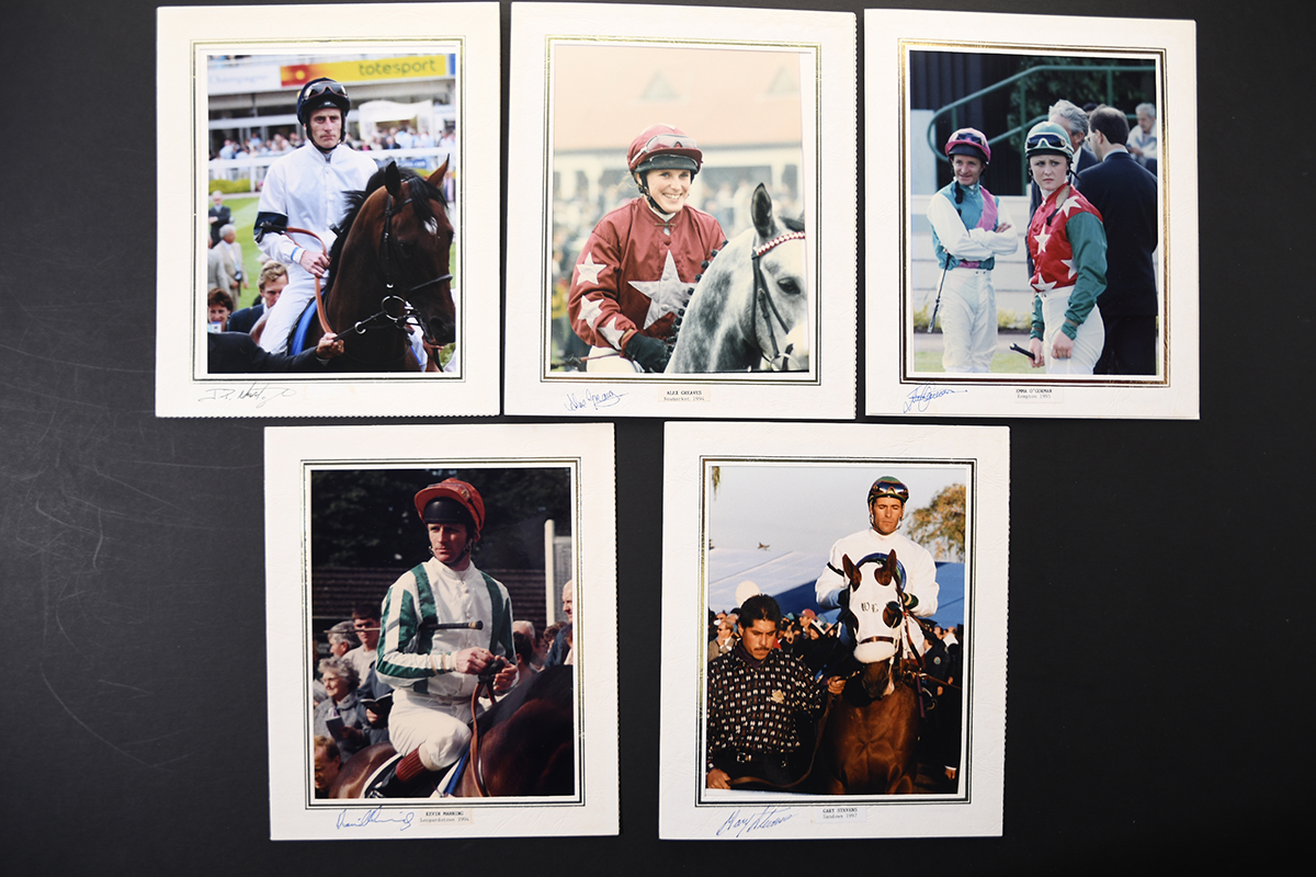 Horse racing photographs, with Emma O'Gorman etc, original signatures.