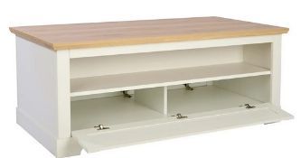 (77/P) RRP £175. Diva Coffee Table Ivory. Ivory Finish With Oak Effect Top. Open Shelf And Door C...