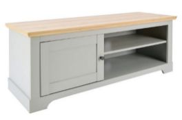 (79/P) RRP £145. Divine TV Unit Grey. Grey Finish With Oak Effect Top. Open Shelves And Compartme...