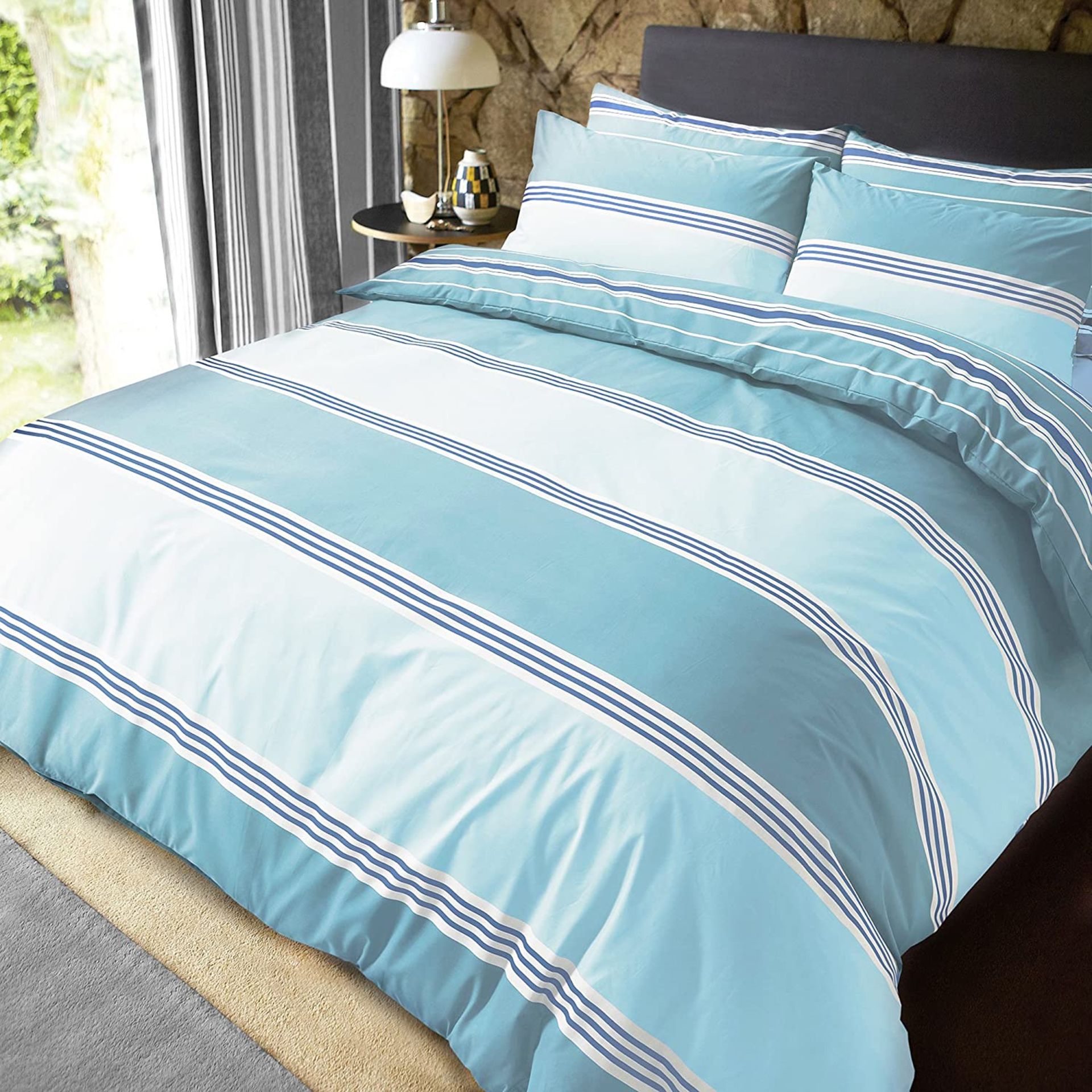 Sleepdown Banded Stripe Teal Reversible Soft Duvet Bedding Set, Double. RRP £24.99 - GRADE U