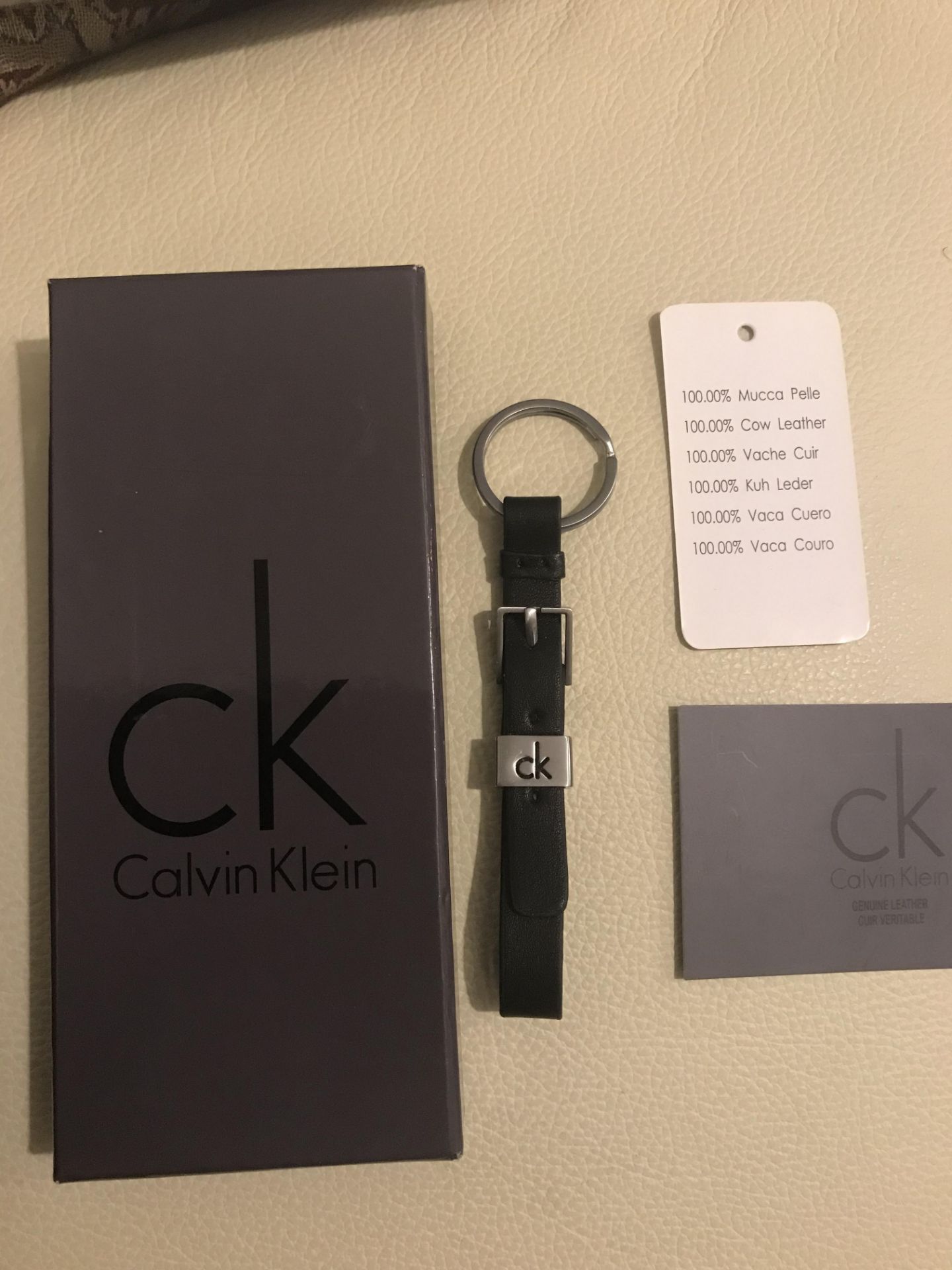 Calvin Klein Black Leather and Metal Keyring