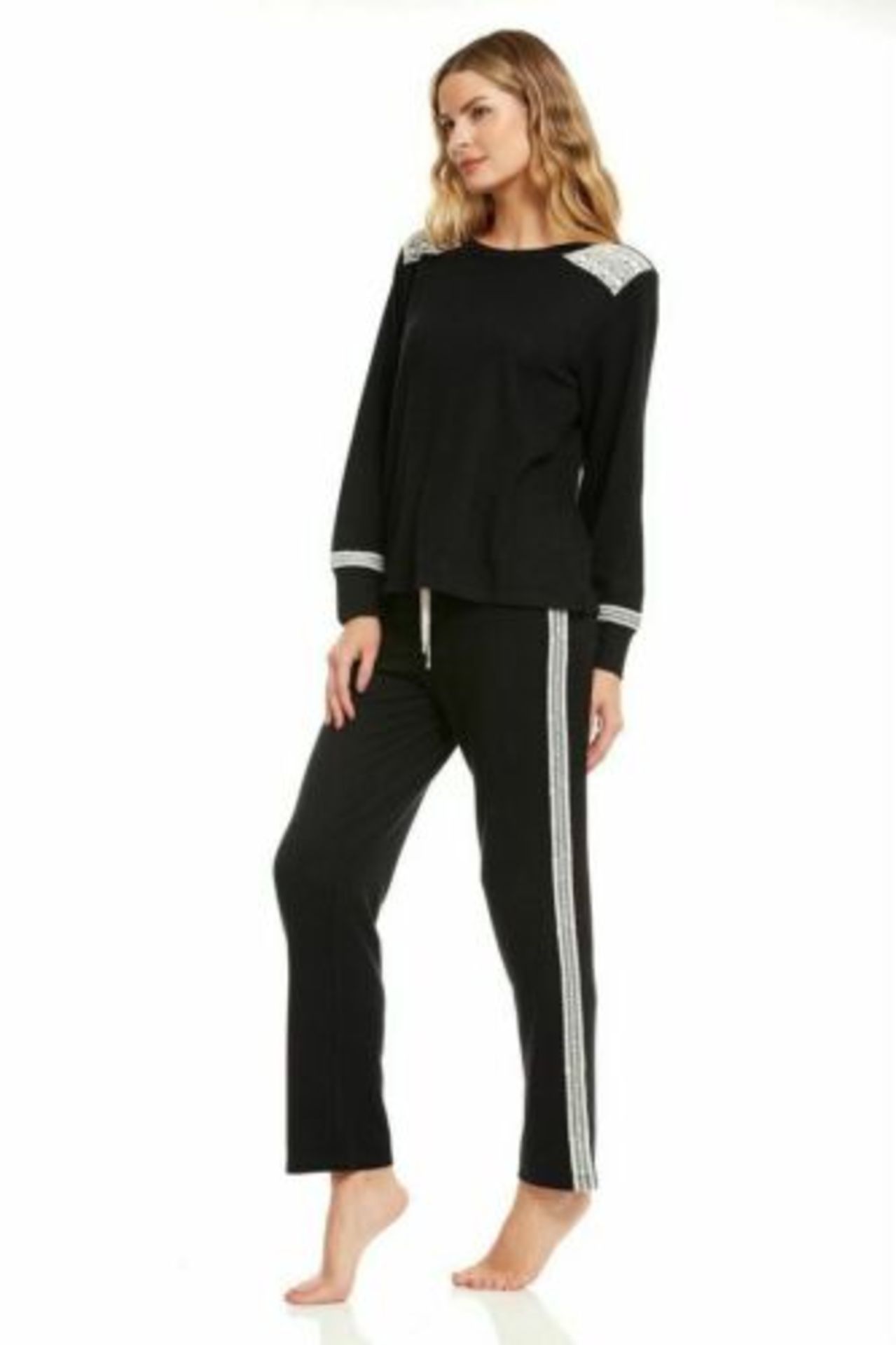 Flora Nikrooz Women's 2-Piece Long Sleeve Lounge Set with Lace Black Small - Image 3 of 6