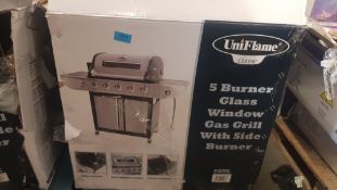 (4/P) RRP £299. Uniflame Classic 5 Burner BBQ With Glass Window, Gas Grill & Side Burner. Built i...