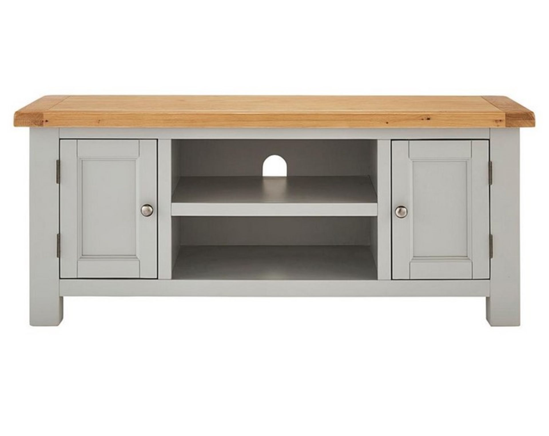 (6/Mez) RRP £529. Faversham Assembled Oak & Painted TV Unit Grey & Oak. Dimensions: (H50 x W120 x...