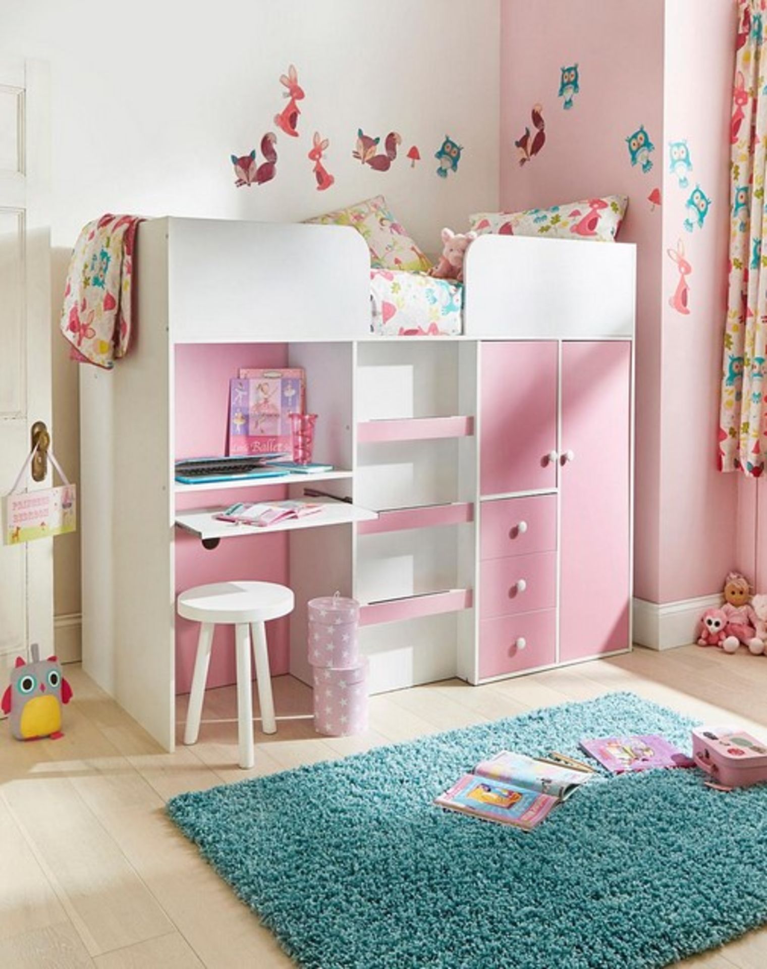 (10/Mez) RRP £379. Florida High Sleeper Pink Bed / Wardrobe Combi. (H150.5 x W194 x D95.2cm). (Pl...