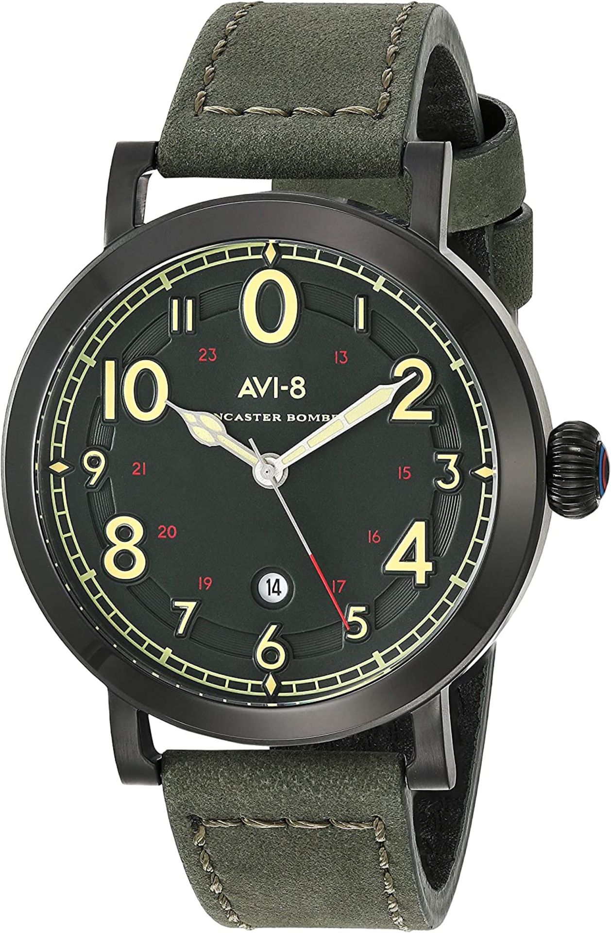 AVI-8 Mens Quartz Analog Watch, Green Leather Band, Steel Case - Ex Demo or Return from Private J...