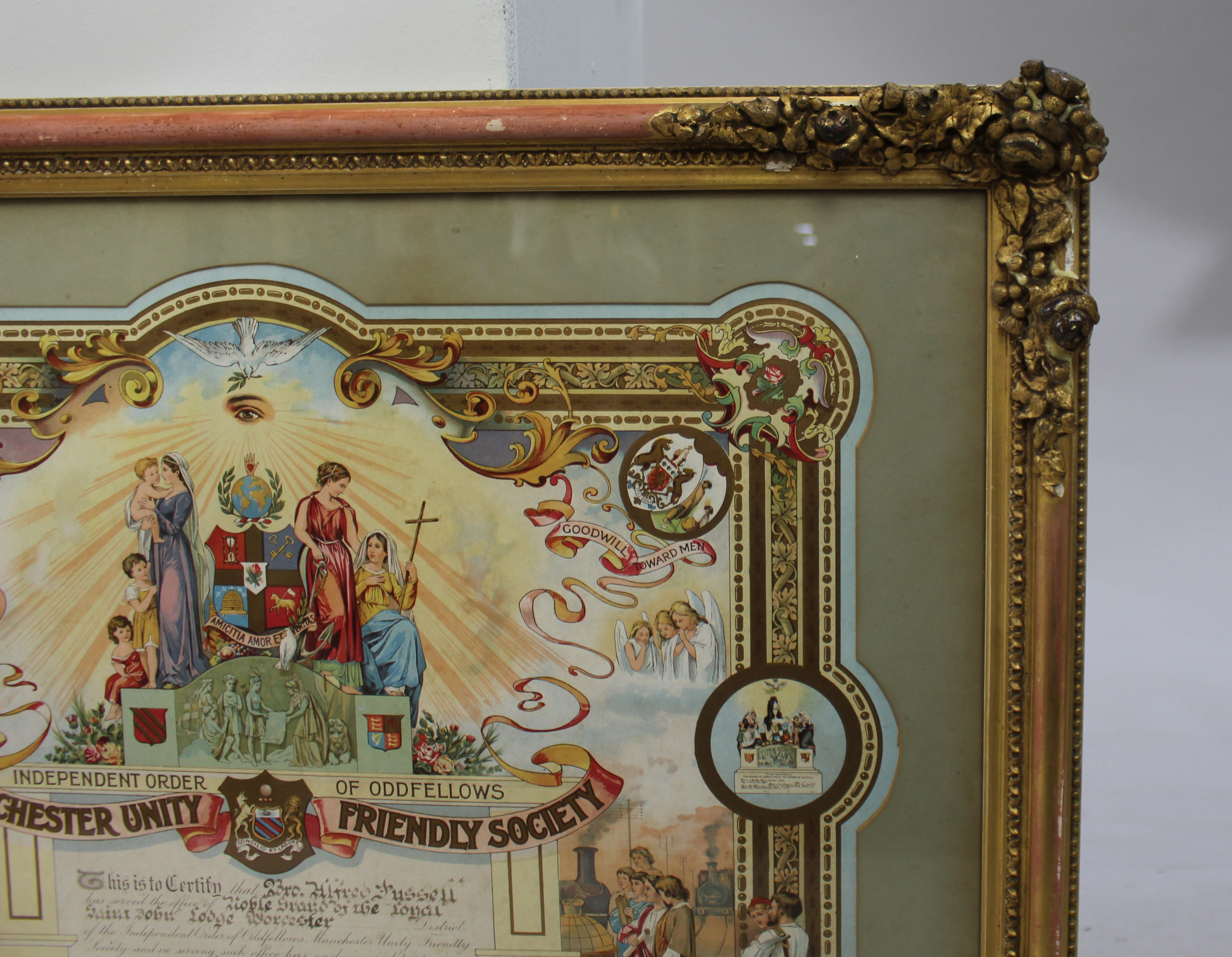 Edwardian Coloured Calligraphic Freemason Artwork Set in Gilt Frame - Image 3 of 7