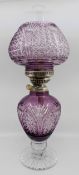 Very Fine English Cut Glass Amethyst Overlay Crystal Oil Lamp