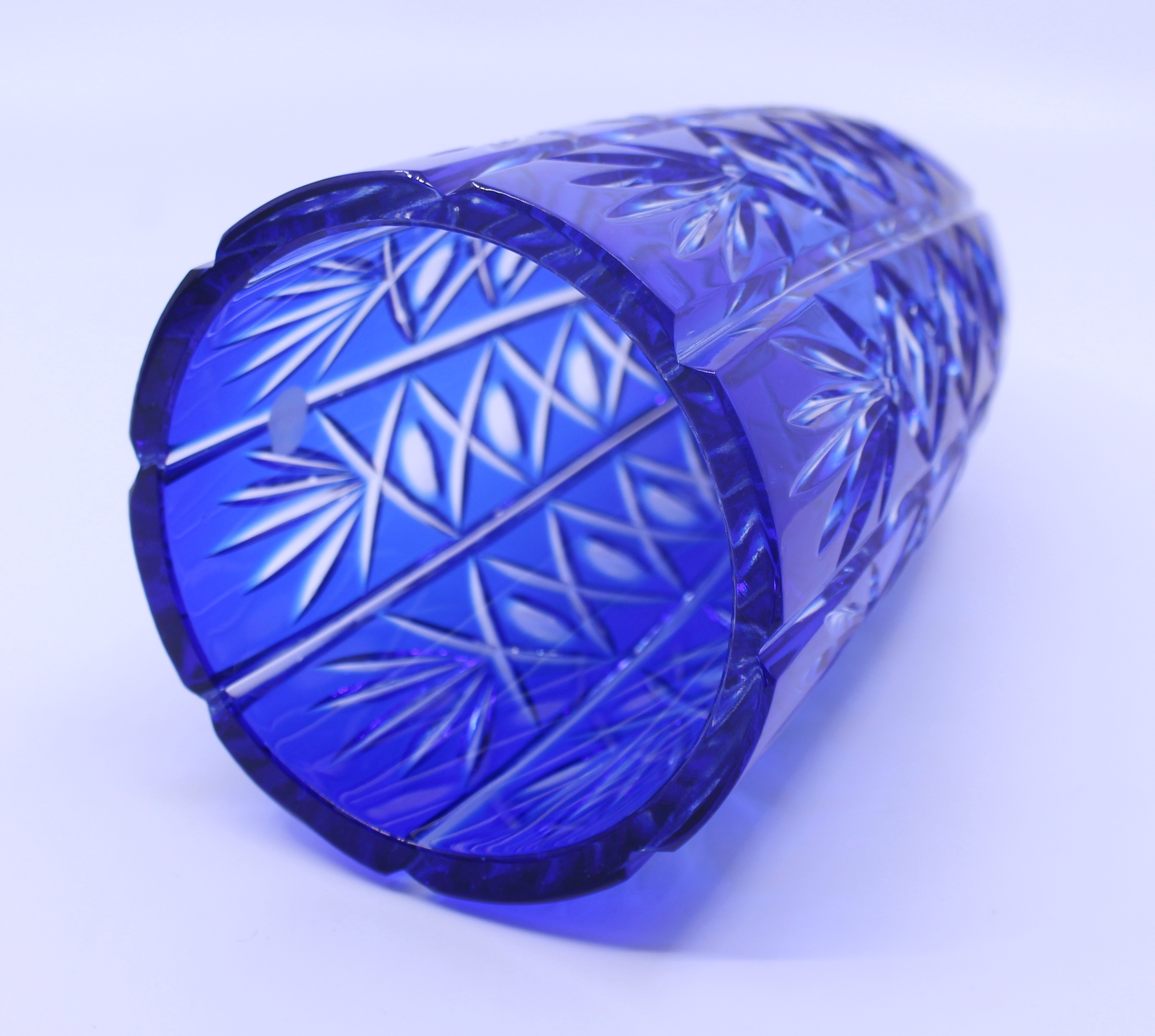 English Vintage Blue Overlay Crystal Glass Vase - Image 2 of 6