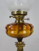 Victorian Brass Oil Lamp with Amber Font