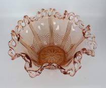 Vintage Brev Italian Pink Glass Pierced Rim Ruffled Bowl