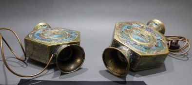 Pair of 19th c. Japanese Enamelled Brass Moonflask Table Lamps
