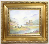 Hand Painted Porcelain Plaque by M.Powell Set in Gilt Frame