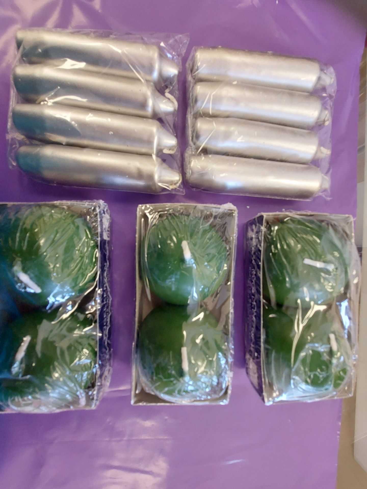 Green Ball Candles x 6 and 8 Silver Candles