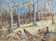 Reuben Ward Binks signed watercolour pheasants in woodland setting