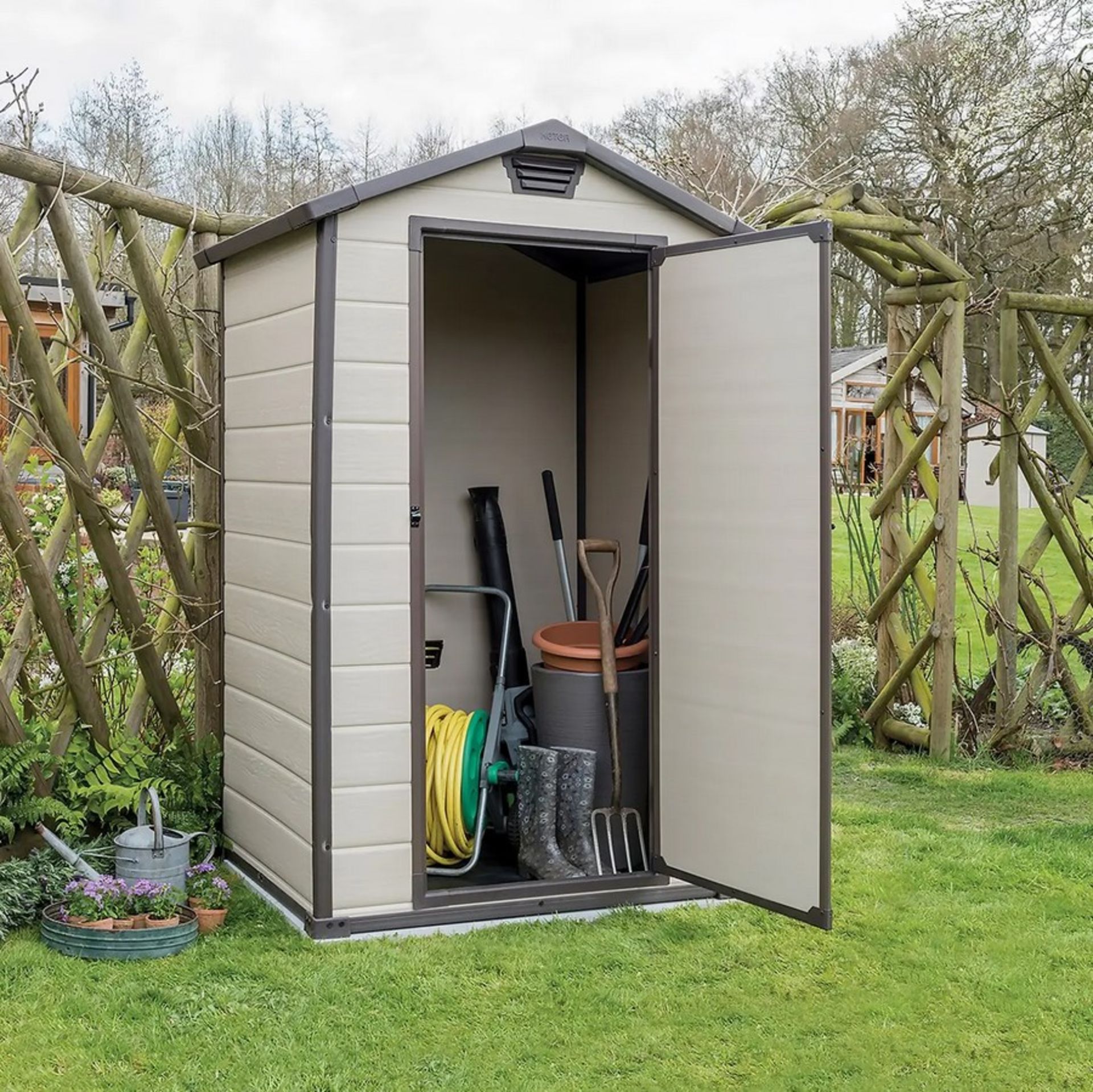 (23/P) RRP £295. Keter Manor 4 x 3ft Outdoor Garden Apex Storage Shed Beige/ Brown. Elegant And T... - Image 5 of 7