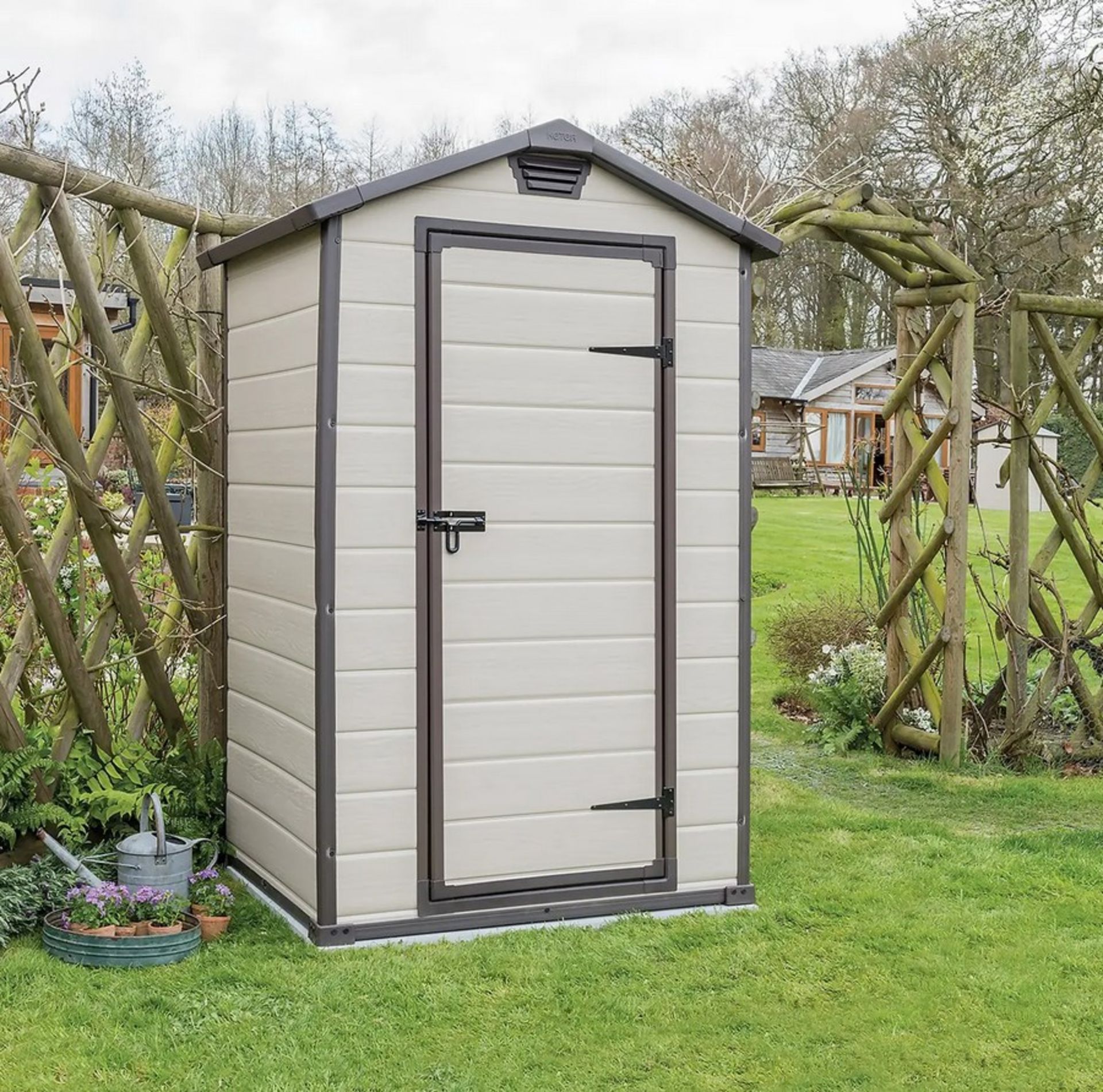(23/P) RRP £295. Keter Manor 4 x 3ft Outdoor Garden Apex Storage Shed Beige/ Brown. Elegant And T...