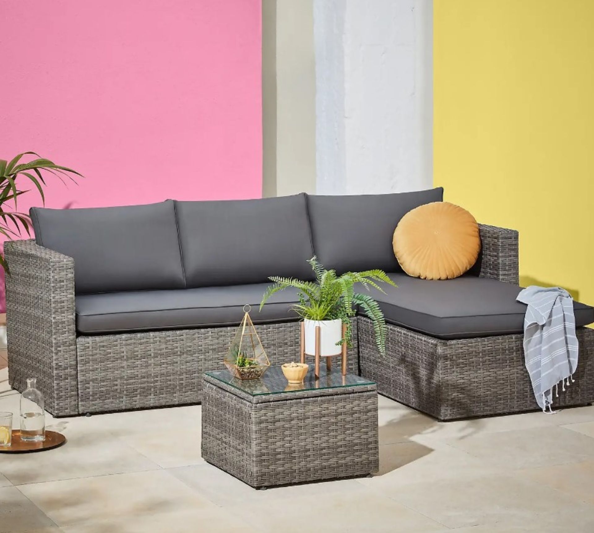 (45/2H) RRP £345. Alexandria Grey Rattan Left/Right Facing Corner Sofa Set (Not In Original Box).