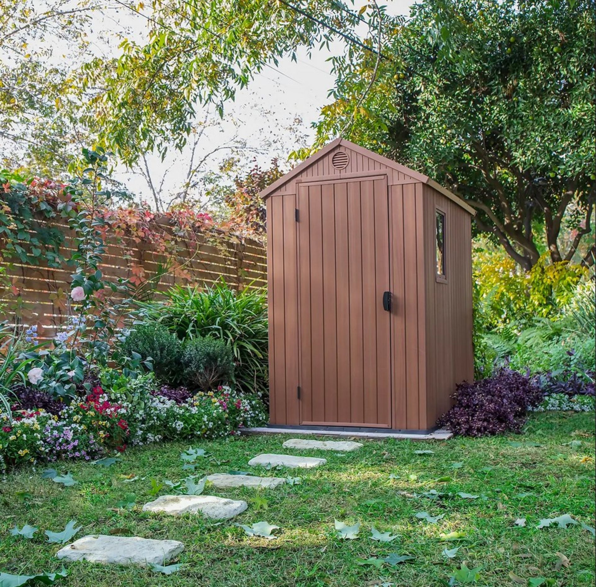 (11/P) RRP £385. Keter Darwin 6x4ft Outdoor Garden Apex Storage Shed Brown. Elegant Natural Wood...