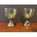 Pair of Green Glass Wine Goblets with Applied Prunts