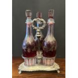 Three Bottle Bohemian Decanters in Plated Stand