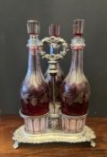 Three Bottle Bohemian Decanters in Plated Stand