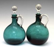 C19th Pair of Green Glass Flask Decanters
