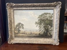 Oil Painting on Canvas of a Landscape in Silvered Swept Frame By Ralph Ellis 1961