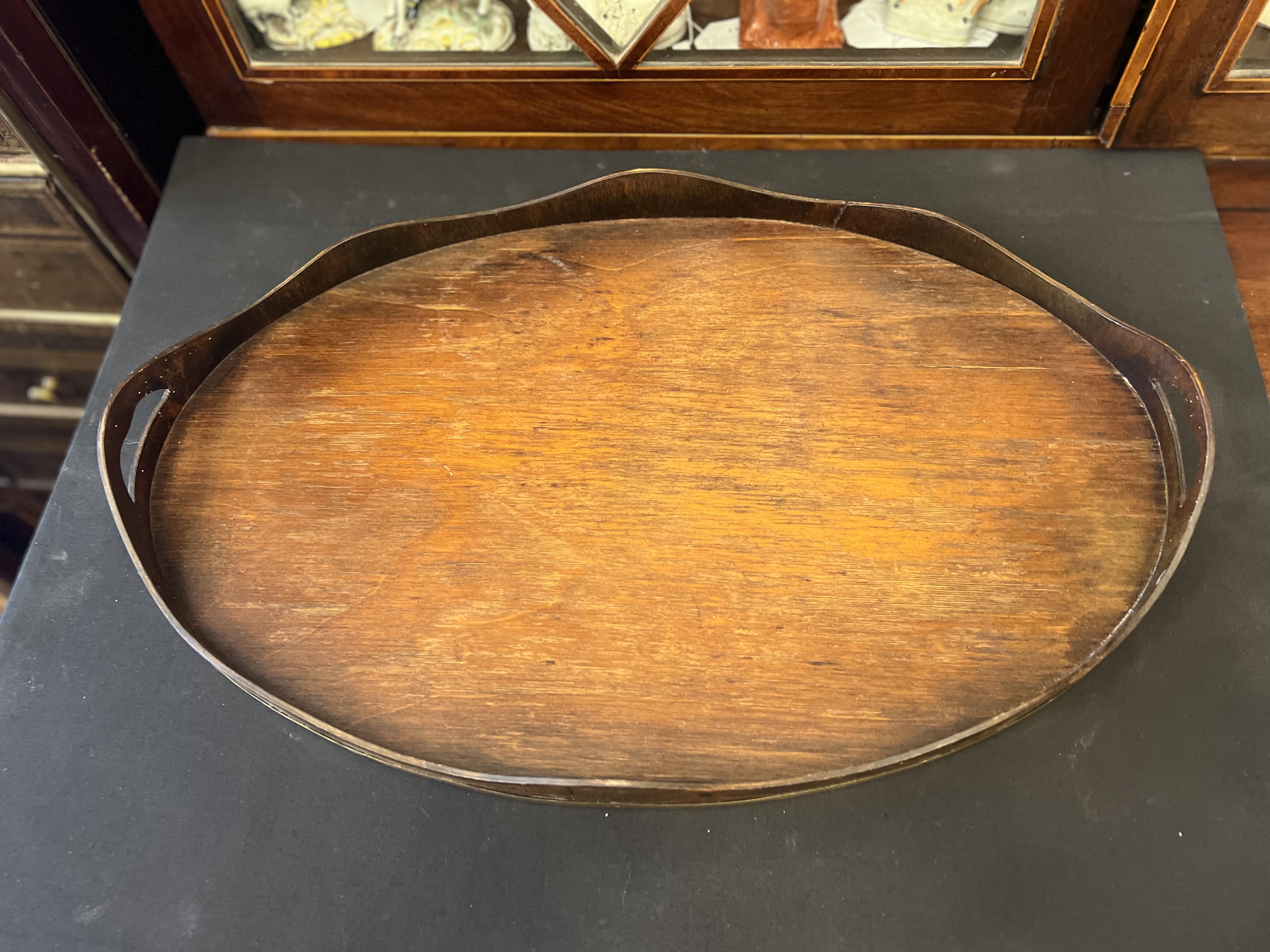 Oval Hardwood Tray with Brass Band - Image 2 of 2