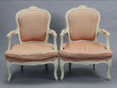 A Pair of 18th Century-Style French Cream Painted & Carved Wooden-Frame Elbow Chairs