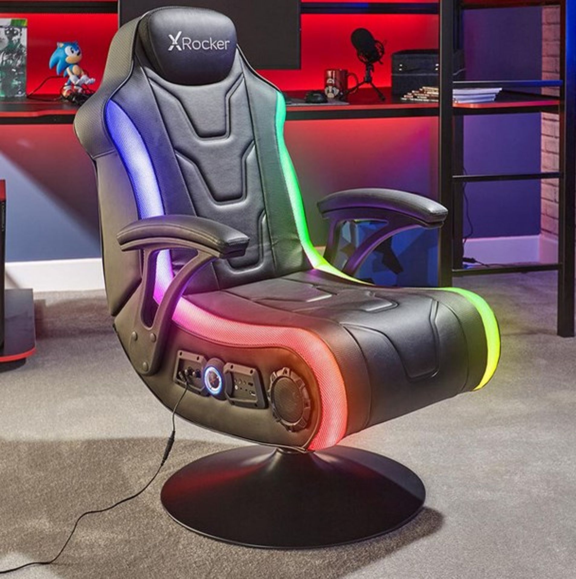 (6/P) RRP £300. X Rocker Monsoon RGB 4.1 Pedestal Gaming Chair.