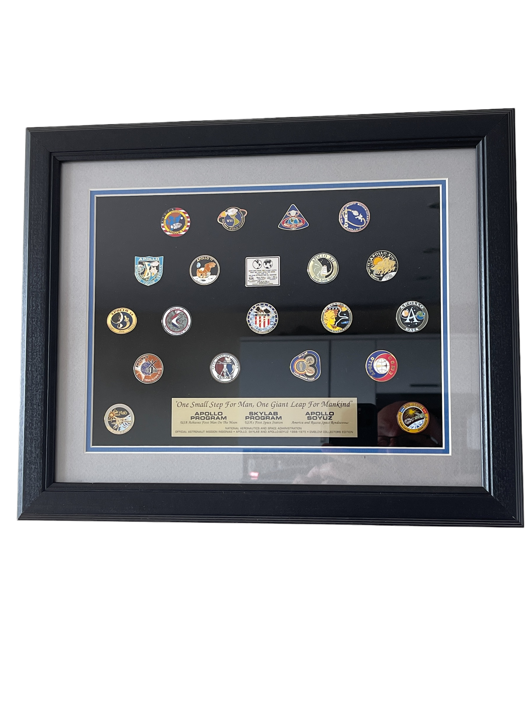 Framed Collection of NASA Pins - "One Small Step for Man, One Giant Leap for Mankind"