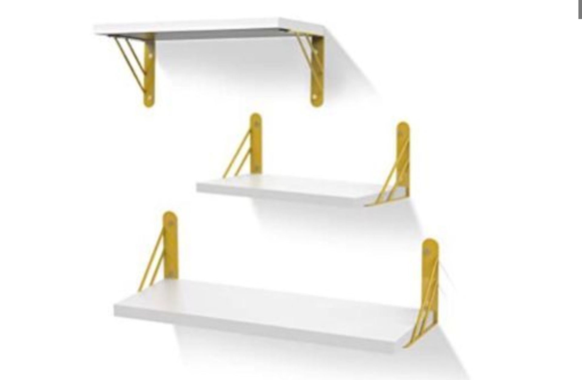 Brand New Sets of 3 White Floating Shelf with Golden Hardware Brackets RRP £60 Each - Image 2 of 2