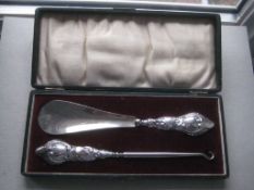 Edwardian Silver Shoehorn And Buttonhook Set, Cased