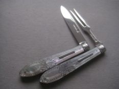 Rare Victorian Matching Carved Mother Of Pearl Hafted Silver Bladed Folding Fruit Knife & Fork