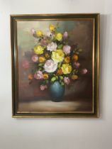 Large Old Still Life Flowers In Vase Oil On Canvase