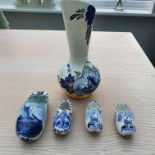 Delft blue and white vase hand painted and 4 clogs