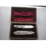 Rare Victorian Cased Mother Of Pearl Hafted Silver Bladed Folding Fruit Knife & Fork