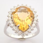 Certificated 14K White Gold Diamond & Citrine Ring / Total 4.74 ct