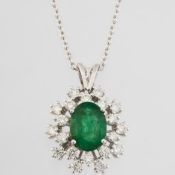 Certificated 18K White Gold Diamond & Emerald Pendant / Total 1.77 ct