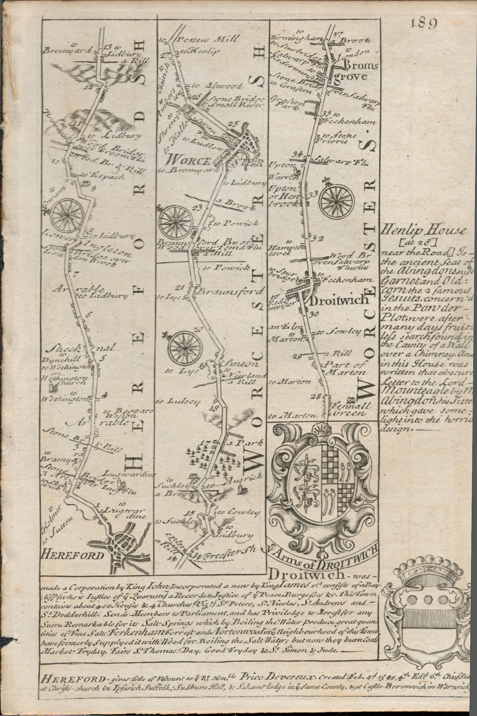 Britannia Depicta E Bowen Rare c1730 Map Hereford Worcester Droitwich Solihull Etc. - Image 2 of 2