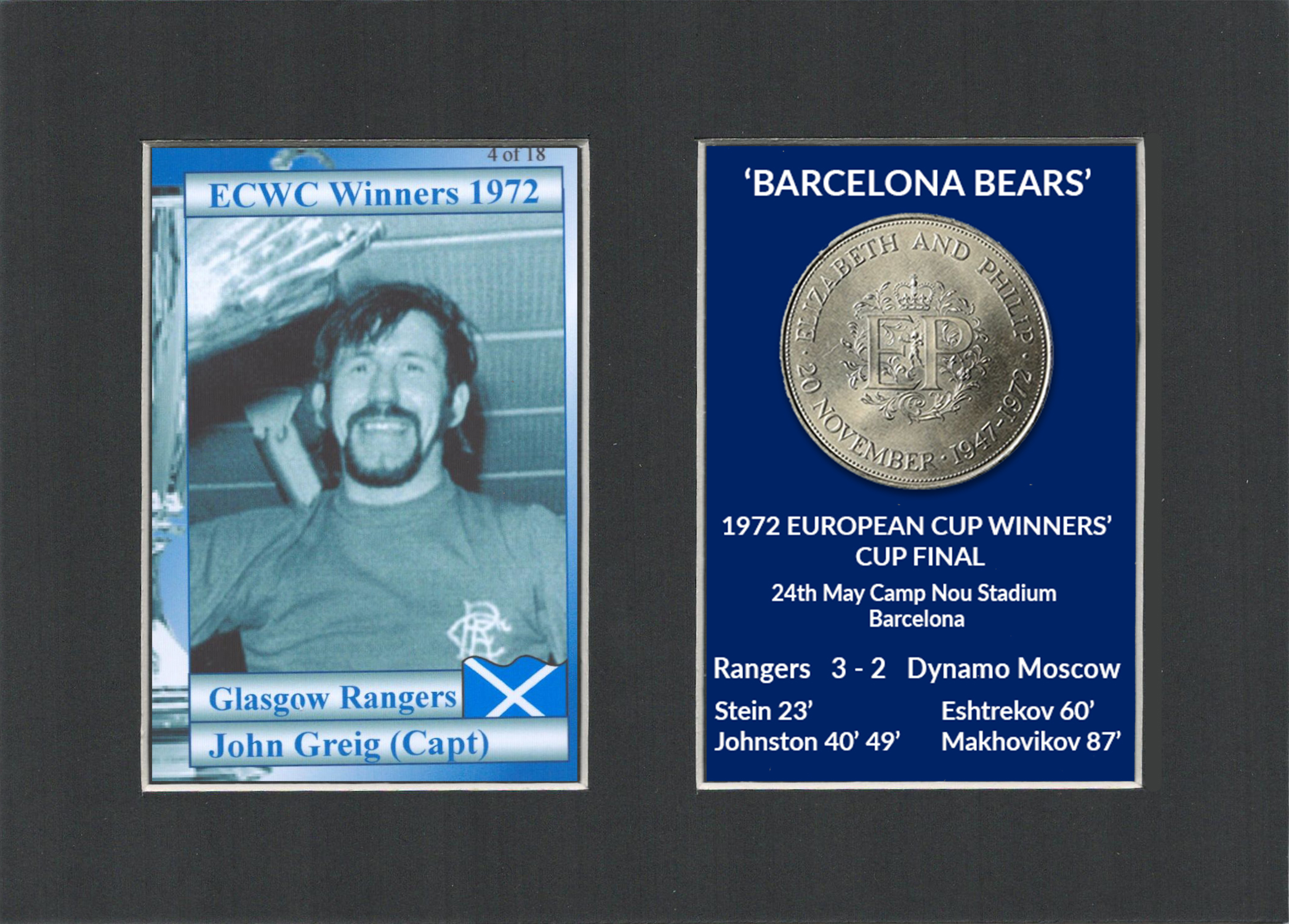 Rangers FC Barcelona Bears Wins 1972 ECWC Mounted Card & Coin Gift Set.