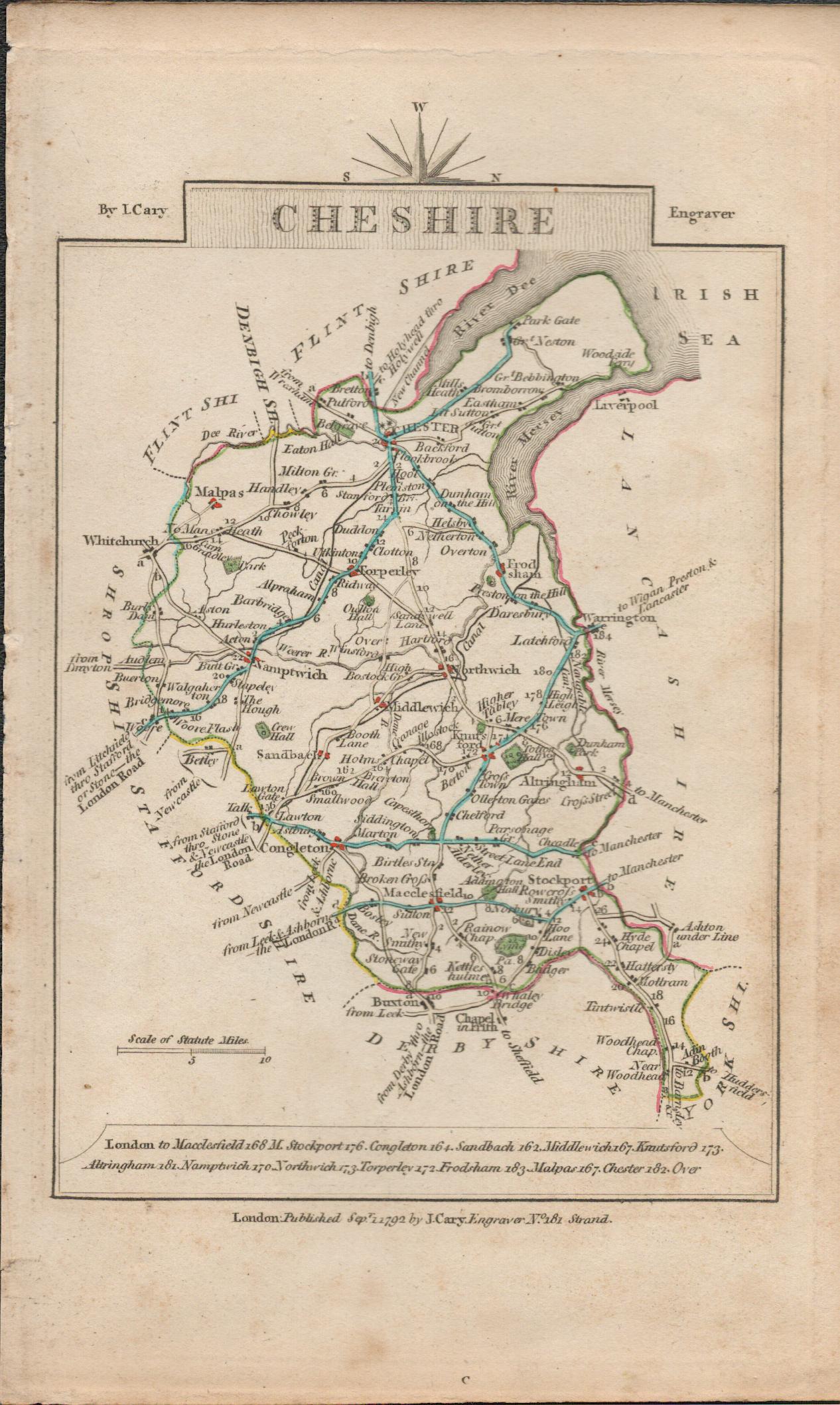 John Cary’s 1791 Rare 230 Yrs Old Antique Copper Engraved Map Cornwall & Cheshire. - Image 2 of 2